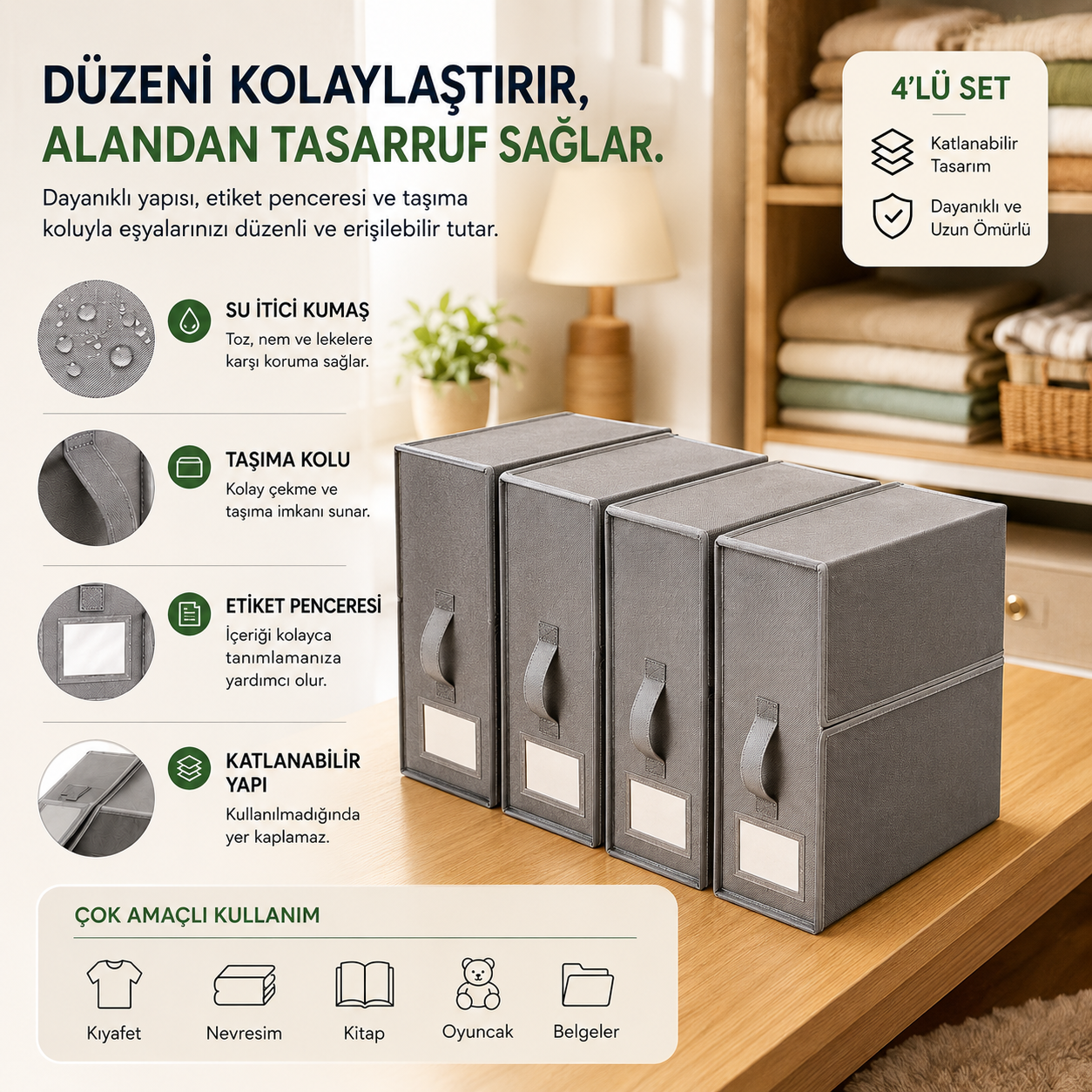 Premium Çarşaf Organizeri – Dolap Düzenleyici 4'lü Set